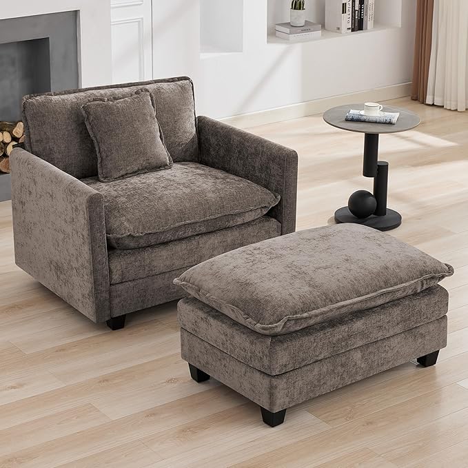 41'' Modern Chenille Oversized Chair Upholstered Accent Living Room Chair with Extra Thicked Deep Seat Single Lounge Chair for Bedroom Small Apartment Brown