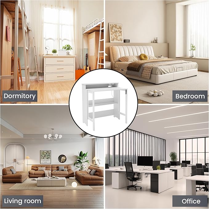 Fold Out Desk with Power Outlets Small Foldable Table with Storage ShelfSpace-Saving Hidden Desk for Bedroom Living Room &amp Office (White)