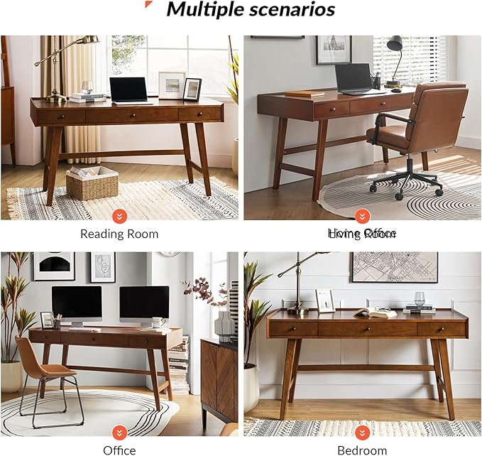 HULALA HOME Home Office Desk with 3 Drawers &amp Solid Wood Legs Writing Table with Charging Station &amp Cable Management Mid Century Modern Desk for Bedroom/Living Room/Study/Workstation Walnut