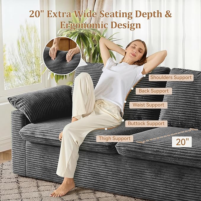 WEUP 86 Loveseat Sofa Grey Corduroy Couches for Living RoomMid Century Modern Love SeatSuper Comfy Cloud SofasDeep SeatWide ArmrestSturdy Frame for Bedroom Apartment Office