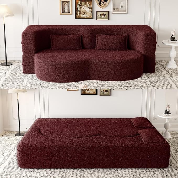 78” Floor Sleeper Sofa Bed Modern 2 in 1 Full Size Foldable Mattress with 2 Pillows Convertible Boneless Couch with Deep Seat for Living Room No Assembly Required (Burgundy &amp Teddy) | No Assemb