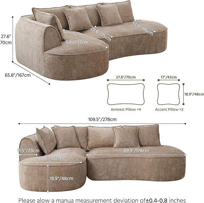 Modern Luxurious Oversized Boneless Couches Sectional Curved Sofa with 6 Pillows L-Shape Boneless Couch with Deep Seat High-Density Memory Foam No Assembly Required Chenille (Brown)