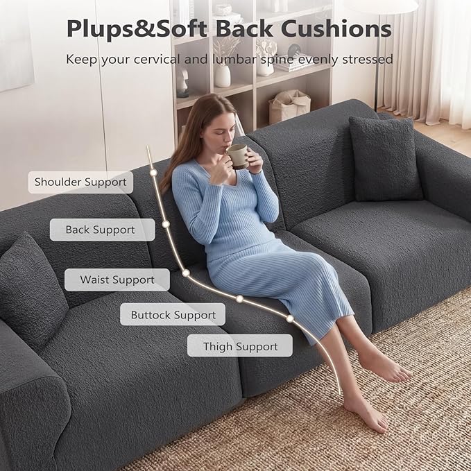 114 Oversized Boneless Couch with Moveable Ottoman Cloud Sectional Couches with Deep Seat 3 seat Modular Sofa Memory Foam Couch with Throw Pillow No Assembly Required Grey