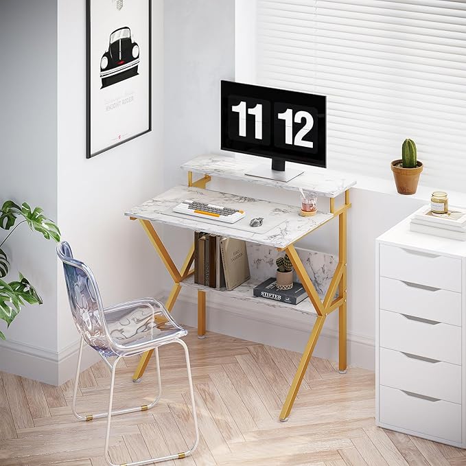 ODK Small Desk 27.5 Inch Computer Desk for Small Spaces Kids Desk with Storage Study Table with Monitor Stand for Homeschool White Marble + Gold Leg