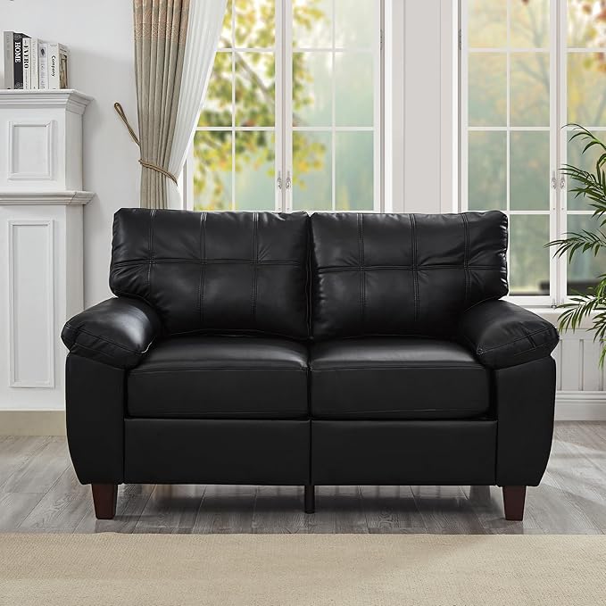 Polibi 59 Modern Loveseat Sofa with Hidden Storage - Faux PU Leather Pocket Spring &amp High-Density Foam Cushion Wide Padded Armrests Solid Wood FrameBlack