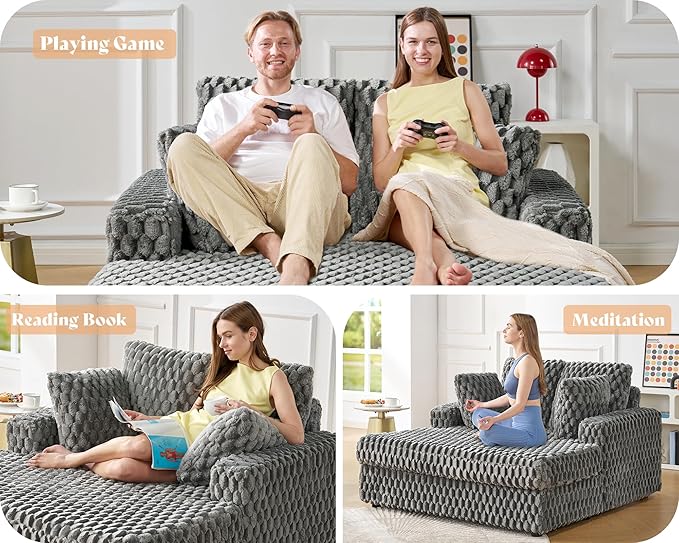 Jocisland 58 Inch Oversized Chaise Lounge Plush Sofa Bed with Throw Pillows and Armrests Upholstered Sleeper Chair- Comfy Chair Bed for Living Room Ash Grey