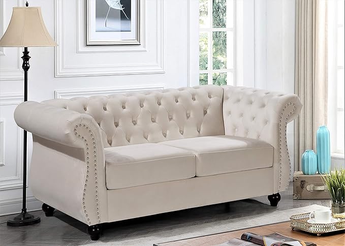 Feinstein Modern Velvet Chesterfield Couches for Living Room with Nailheads Diamond Tufting &amp Durable Metal Frame Loveseat Ivory