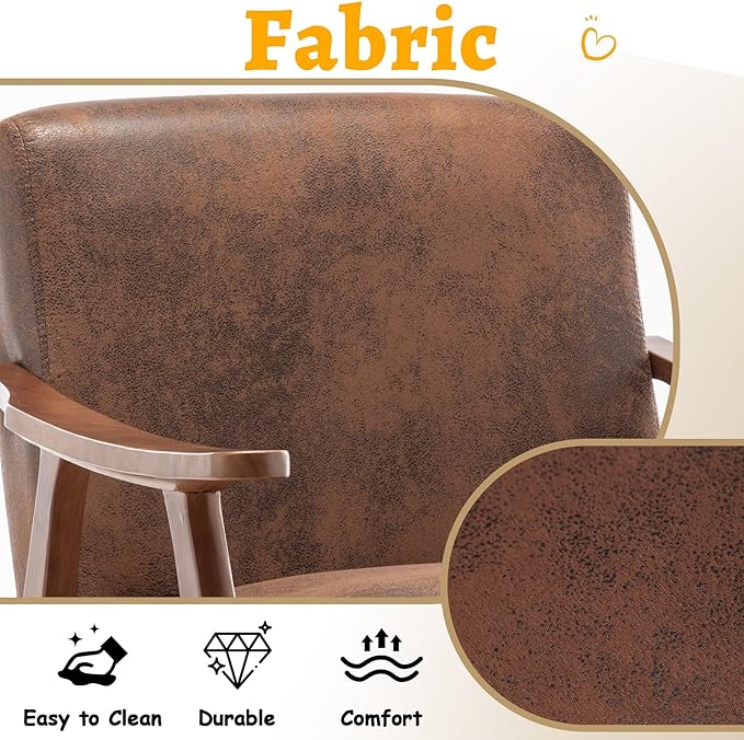 Mid Century Modern Accent Chair Upholstered Armchair Comfy with Wood Legs Siting Chair with Soft Cushion PU Leather Side Chairs for Living Room Bedroom Office (Microfiber Brown)