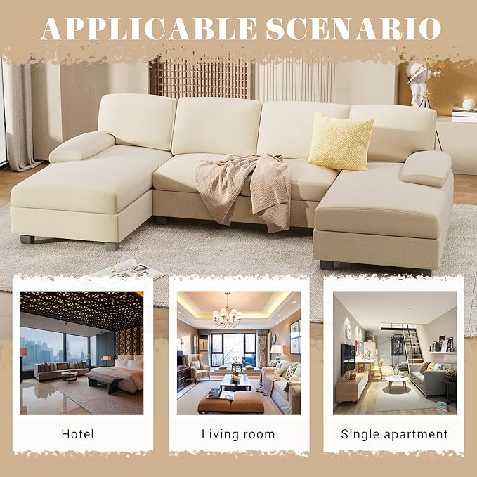 Furniwell Convertible Sectional Sofa Couch 4 Seat Sofa Set for Living Room U-Shaped Modern Fabric Modular Sofa Sleeper with Double Chaise &amp Memory Foam (Fabric White)