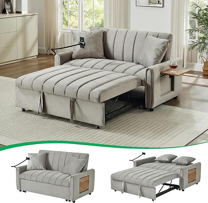 53.9 3-in-1 Convertible Sleeper Sofa Bed Loveseat Pull Out Bed with USB Ports &amp Swivel Stand Modern Foldable Sofa Bed with Tabletop Sleeper Couch for Living Room Bedroom (Grey)