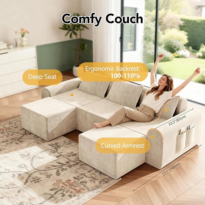 Cloud Modular Sectional Sofa No Assembly Deep Seat Chenille Couch with 2 Ottomans 3-Seater Modular Sofa for Living Room Beige