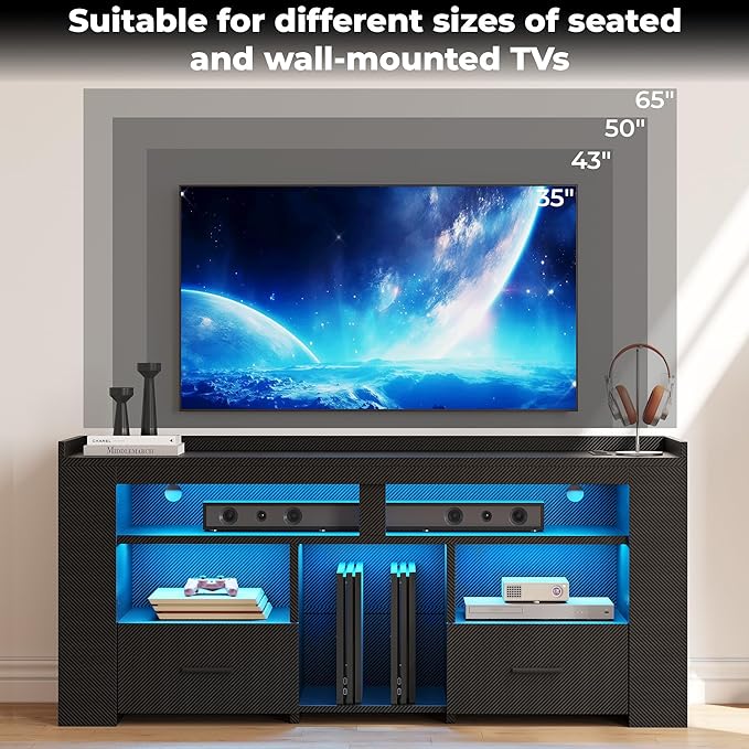 IRONCK TV Stand for 65 Inch TV Carbon Fiber Entertainment Center with 2 Drawers Charging Station &amp RGB LED Light Gaming Media Console for PS4 Bedroom Living Room Black