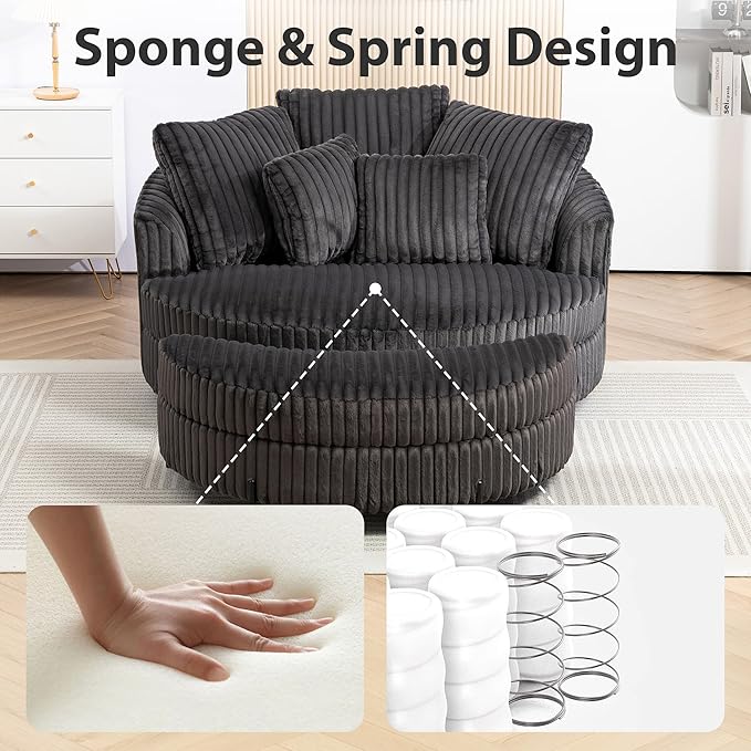 Chifee &amp Vingol 59.8 W Oversized Accent Round Chair Large Barrel Chair with Ottoman &amp Movable Wheels &amp 5 Pillows Faux Fur Fabric - Charcoal