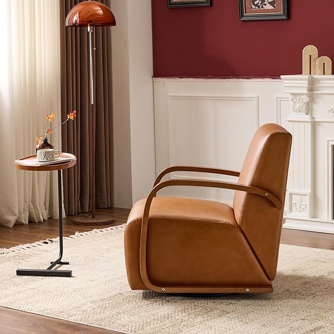 26 W Brown Swivel Accent Chair with Wood Armrests PU Upholstered Armchair with Metal Base 360 Degree Comfy Lounge Reading Chair for Living Room Bedroom Club or Office (Brown+PU)