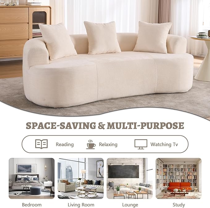 Luxury 80” Curved Loveseat Sofa Chenille Curved Couch with 2 Big Pillows &amp Extra Wide Armrests Comfy Upholstered Oversized Loveseat Couch &amp Sofa for Living Room (Beige 80 Inches)