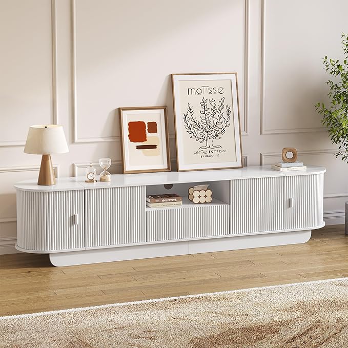 Fluted TV Stand and Coffee Table Set of 2 86.6'' TV Console for 55-85 Inch Modern Entertainment Center with Large Storage Cabinet Lift Top Coffee Table for Living Room Bedroom White
