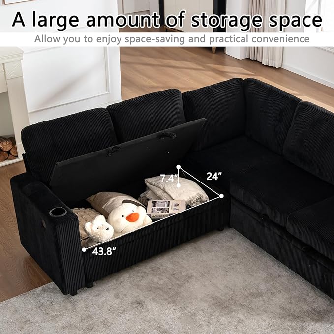 83 Modular Sectional Sleeper Sofa with Pull Out Bed Plush Corduroy L-Shaped Corner Couch with Storage USB Charger Cup Holders 5-Seater Sectional Couches for Living Room Apartment Black