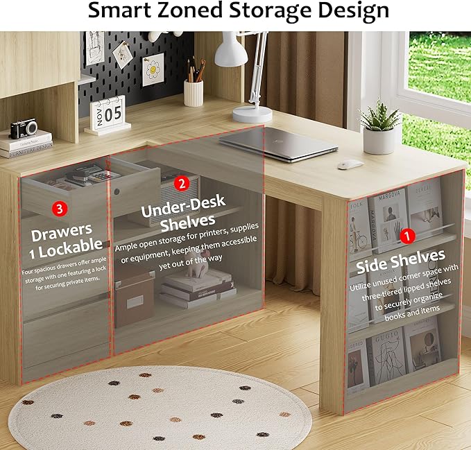 L Shaped Desk with Hutch Wooden Home Office Desk with 4 Drawers Storage Cabinet Charging Station Corner Writing Computer Desk(Right Side Desk Wood)