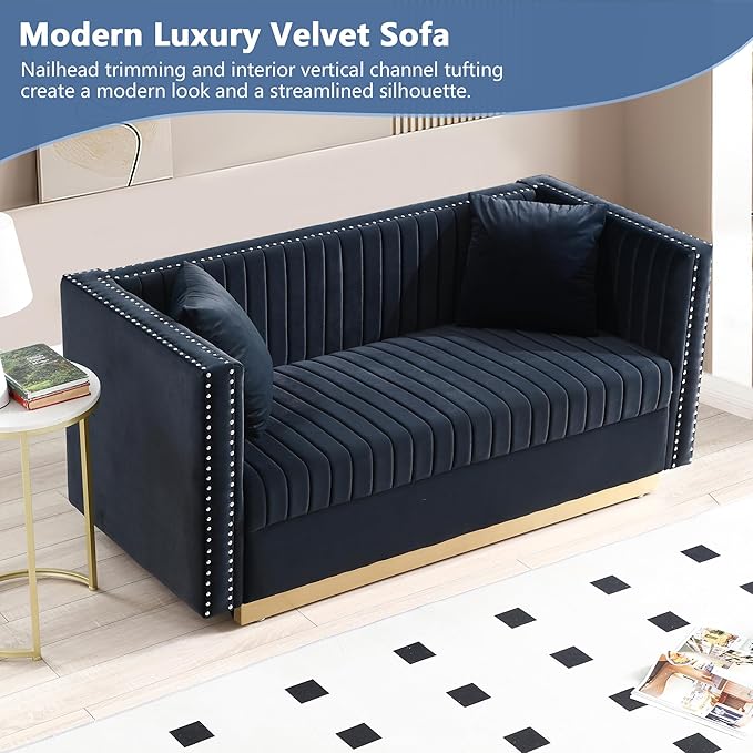 Modern Velvet Loveseat Sofa 61.4 Inch Vertical Channel Tufted Sofa Couch Luxury 2 Seater Couch with Gold Metal Legs for Living Room Bedroom Apartment Black