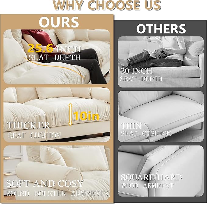 Loveseat Sofa 2 Seater Modular Sectional Sofa Large U Shaped Sectional Couches for Living Room Fluffy Couch Love Seat Velvet Cloud Couch with Ottoman Deep Seat Sofas for Living Home Cream