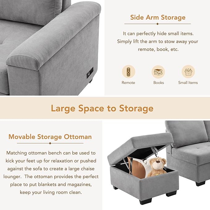 Flieks L-Shape Sleeper Sectional Sofa Bed with Storage Ottoman &amp Hidden Arm Storage 85Inch Sectional Corner Couch Sofa-Bed for Living Room Apartment
