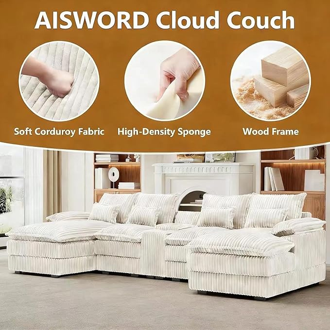125 Modular Sectional Sofa Corduroy U-Shaped Cloud Couch with Storage &amp USB 6 Seat Sectional Couches Oversized Comfy Fluffy Deep Seat Sectionals Sofa Set for Living Room Beige 5-Piece