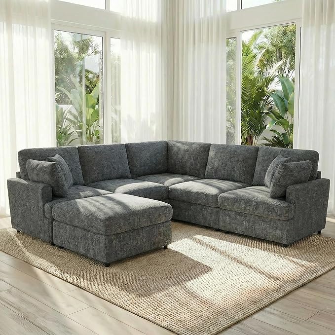 ERYE 122-Inch Modern Corner Modular Sectional Sofa Couches with Ottoman and 4 Toss Pillows Comfy Chenille Upholstered U-Shaped Sofa Convertible L-Shaped Symmetrical Couch
