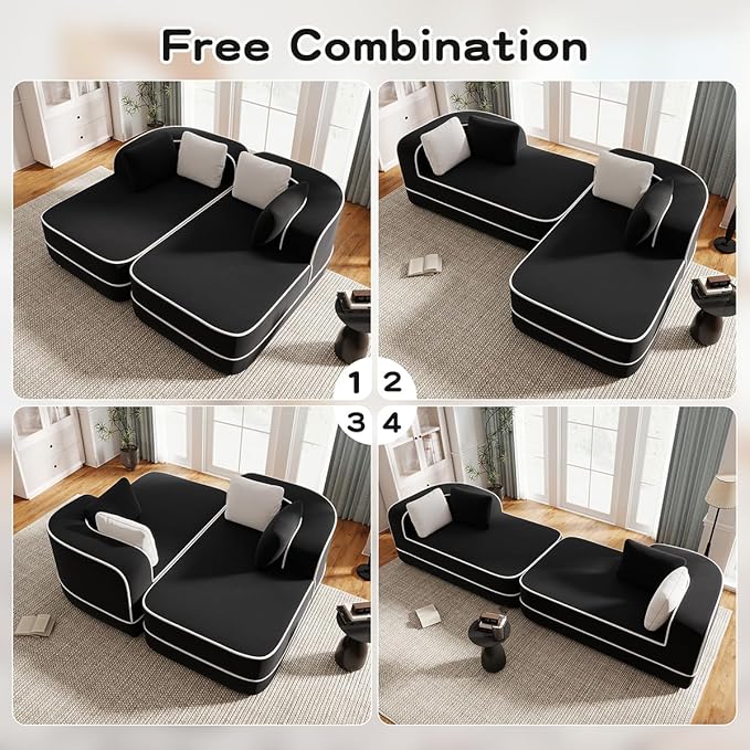 Boneless Sectional Couch with Memory Foam &amp Deep Seat Modular Sectional Sofa with Teddy Fabric for Living Room Cloud Couch with Facing Chaise No Assembly Required (Black2 L-Shaped Chaise)
