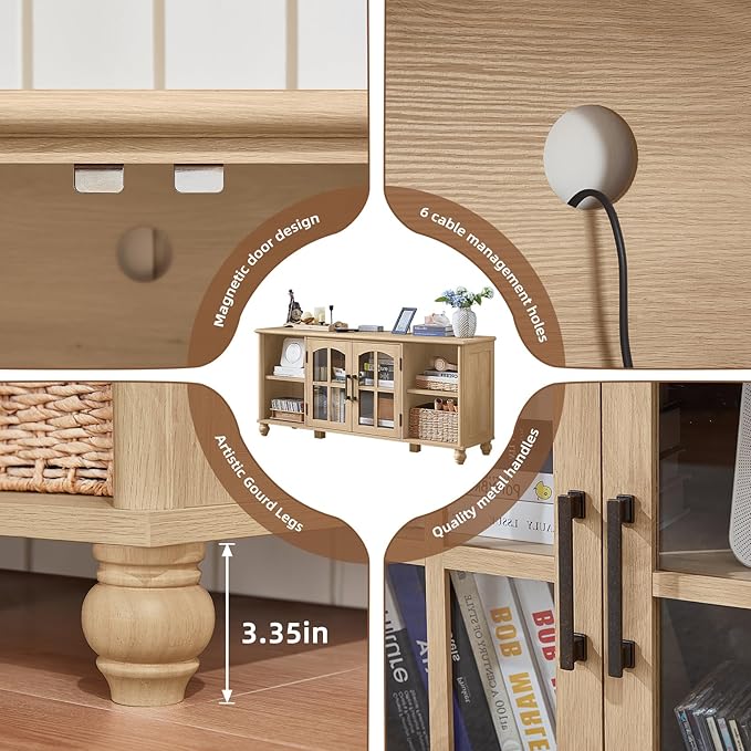 Farmhouse TV Stand for 60 Inch TV Wood Entertainment Center with Glass Door Storage Cabinet &amp Adjustable ShelvesTelevision Stands for 65 TVS TV Console Table for Living RoomBedroomNatural