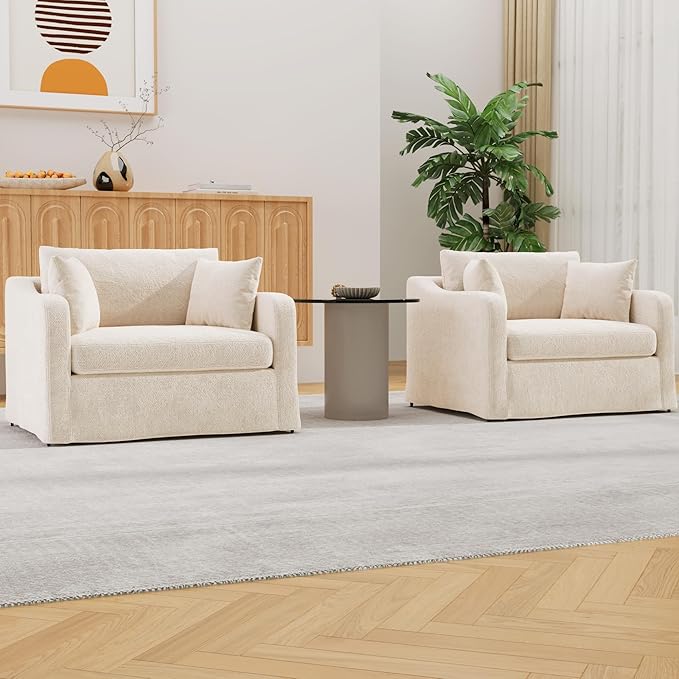 Mlmh &amp Kngwa Oversiezd Reading Chair 43 Inch Chenille Armchair Comfy Upholstered Large Chair Deep Seat Single Sofa with 2 Pillows for Reading Nook Living Room Bedroom Beige