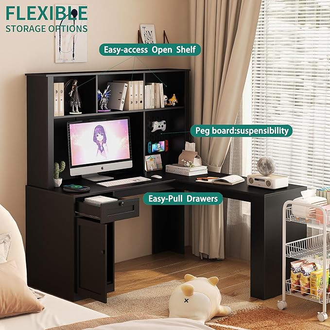 L Shaped Desk with ChargerComputer Desk with DrawersBookshelfModern Corner DeskHome Office DeskL-Shaped Study Table Writing DeskCarbon fiber Gaming Computer Desk with Storage (59 Black)
