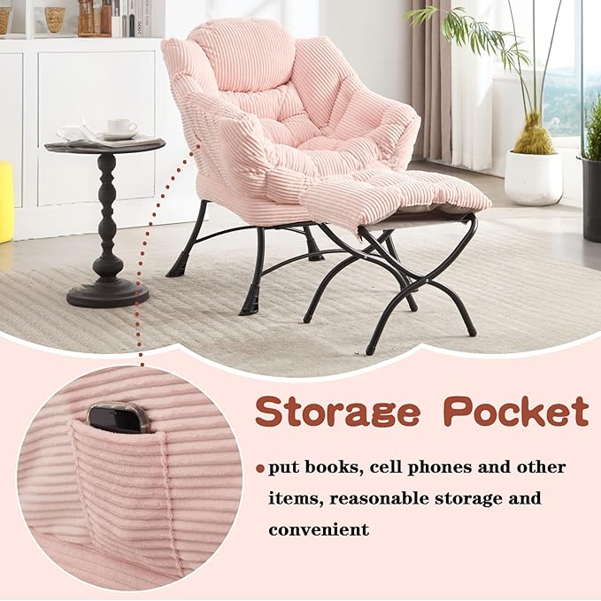 Lazy Chair with Ottoman &amp Storage Pocket Reading Chair for Bedroom Living Room Small Space Comfy Lounge Chairs Steel Frame Oversized Ergonomic Corduroy (Pink)