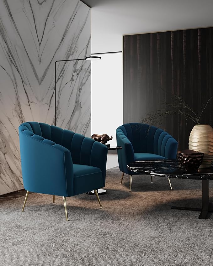 Manhattan Comfort Rosemont Velvet Accent Armchair Scalloped Chair with Mid-Century Modern Shell-Style with Wraparound Back Vertical Channeling Ideal for Living Room Use Set of 1 Blue