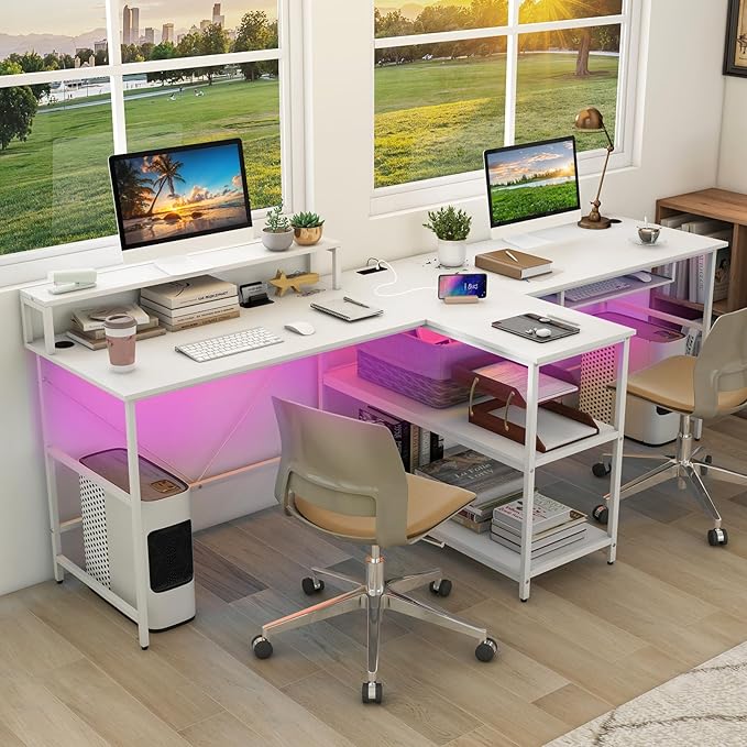 Tangkula 2-Person Reversible Computer Desk with LED Lights 94.5” Long Office Desk with Power Outlets Monitor Stand Keyboard Tray &amp 2 Storage Shelves Double Desk for Gaming Working Writing (Whi