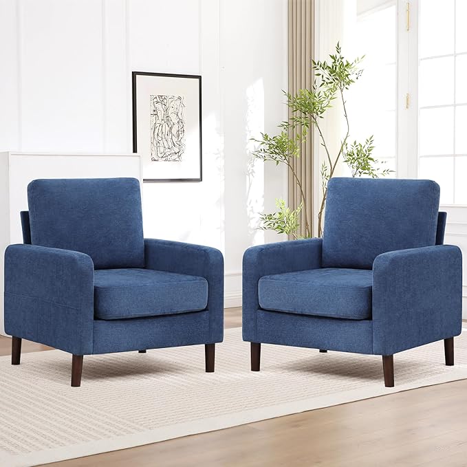 Accent Chair for Living Room Modern Reading Chair for Bedroom Upholstered Armchair with Wood Legs and Side Pockets Single Sofa Side Chair for Office Small Room Apartment Blue Black