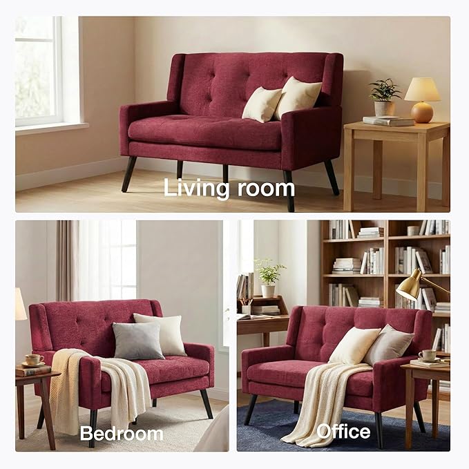 Mid-Century 47 Small Loveseat Sofa Plush Linen Fabric with Button Tufted High Back and Solid Wood Legs for Apartment Living Room Bedroom Home Office (Red 2-Seater)