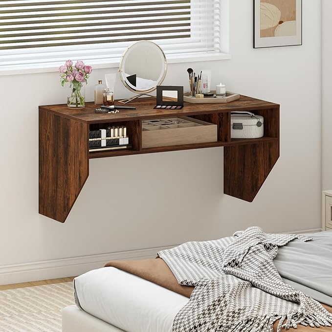 Giantex Wall-Mounted Computer Desk Floating Laptop Desk with 3 Storage Compartments Space-Saving Home Office Workstation Vanity Table for Bedroom Study Living Room (Rustic Brown)