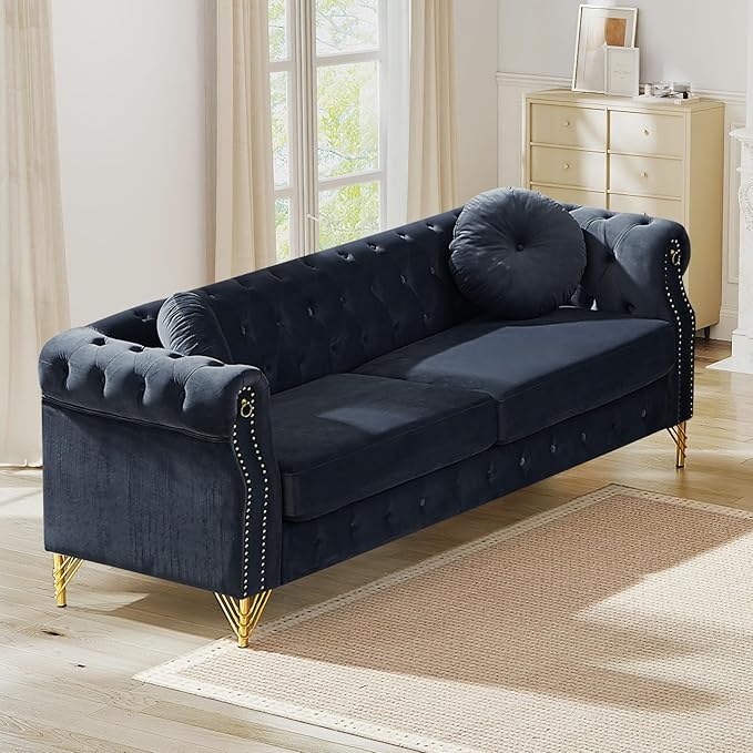 Mid Century Modern Chesterfield Couch Velvet Sofa with Button Tufted &amp Rivet Upholstered Comfy Sofa with Armrest Ring &amp Gold Leg Cozy Cloud 3-Seater Couch for Living Room(82 W Black)