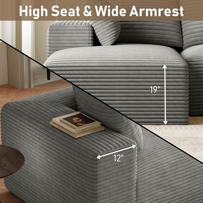 107 Sectional Couches for Living Room Comfy L Shaped Boneless Couches Modern Deep Seat Modular Sofa Cloud Corduroy Couch with Left Facing Chaise No Assembly Needed Light Grey