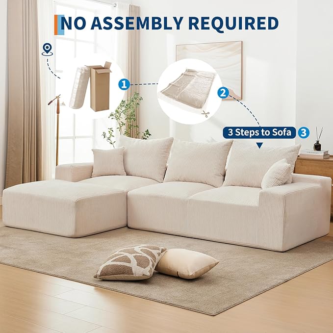 110 Modular Sectional Sofa Couches for Living Room Cloud Memory Boneless Couch No Assembly RequiredComfy Cloud 3-Seater Couch with Chaise Memory Foam Sofa for Offices Bedroom and Apartment