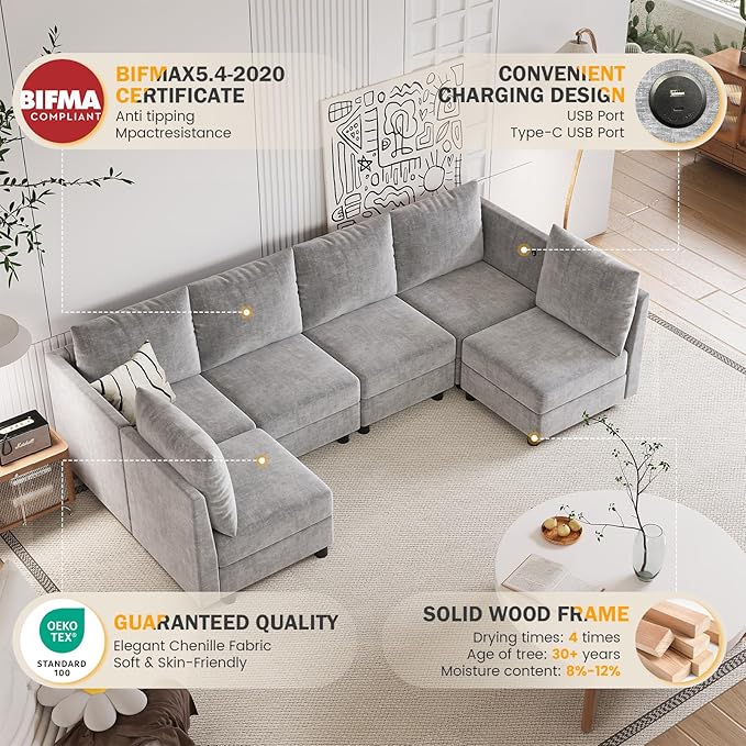 Apicizon Modular Sectional Sofa Middle Seat Module Couch Side Sectional Free Configuration Middle Light Gray