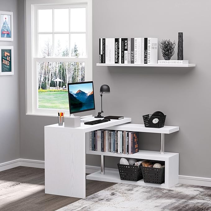 360 Degree Rotating Corner Computer Desk L Shaped Desk Home Office Workstation with 3 Tier Storage Shelves White