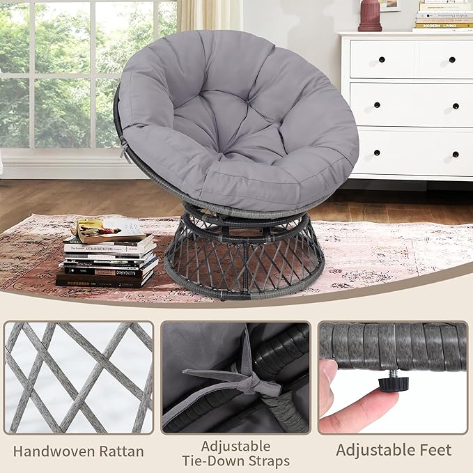 40 Ergonomic Wicker Papasan Chair 360° Swivel Indoor Outdoor Rattan Chair with Soft Thick Cushion Ideal for Living Room Bedroom Reading Room Grey Frame with Light Grey Cushion