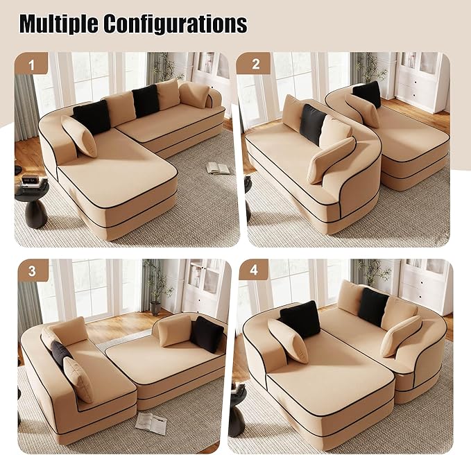 105.9 Modular Sectional Couch Sofa for Living RoomHigh Density Sponge Boneless Sofa with Left ChaiseL-Shaped Cloud Couch with Soft Teddy FabricNo Assembly RequiredCamel