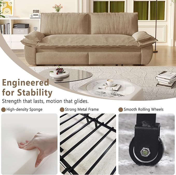 73.2 Futon Sofa Bed Queen Size Pull Out Bed 3-in-1 Convertible Sleeper Sofa with Cushion Armrest Modern Corduroy Futon Couch for Living Room Small Space Apartment Bedroom Camel