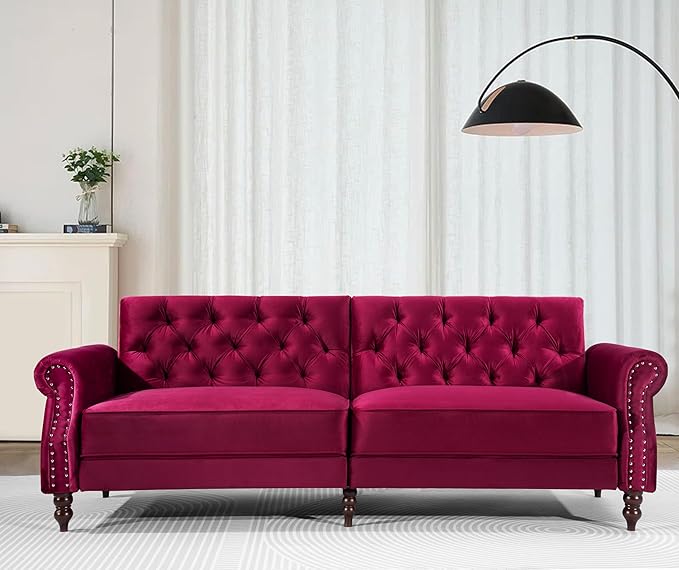 Legend Vansen 87.8 inchs Convertible Velvet Bed Sleeper Futon Sofas Wine Red