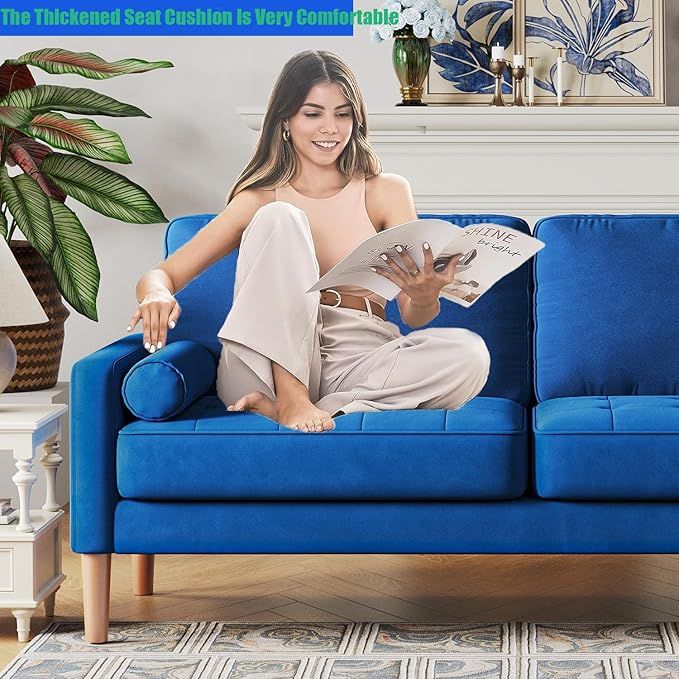 67 W Modern Velvet Loveseat Sofa Mid Century Modern Decor Love Seat Couches for Living Room Button Tufted Upholstered Small Couch for Bedroom Easy to Install Love Seats Furniture (Blue)