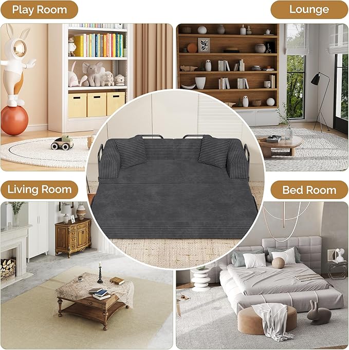 Convertible Coarser Corduroy Sleeper Sofa Bed with Cylindrical Pillow Folding Mattress Couch with Fixed-Shape Frame Floor Sofa Lounge Couch for Living Room Bedroom Lounge Studio Dark Grey