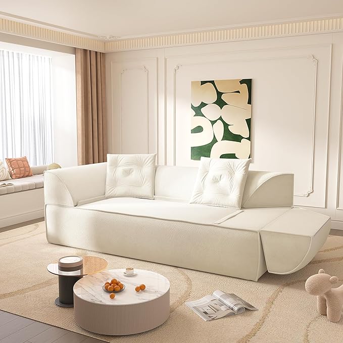 3-in-1 Convertible Sofa Bed 3-seater Boneless Futon Couch with Adjustable Backrest and Armrests Chenille Chaise Lounge Sofa with Pillows Floor Sleeper Loveseat for Living Room Reading Room Beige
