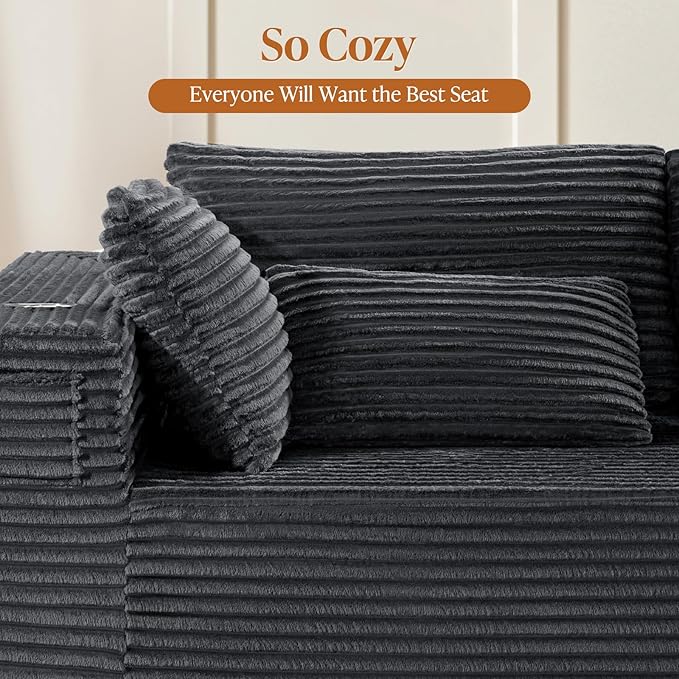 Cloud Modular Sectional Sofa Couch Boneless Couch Deep Seat for Living Room No Assembly Minimalist Modular Sofa Corduroy (Dark Grey 3 Seater+Right Facing Chaise+Ottoman)